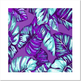 Tropical Leaves Of Banana and Monstera Purple Aqua Cut Out Posters and Art